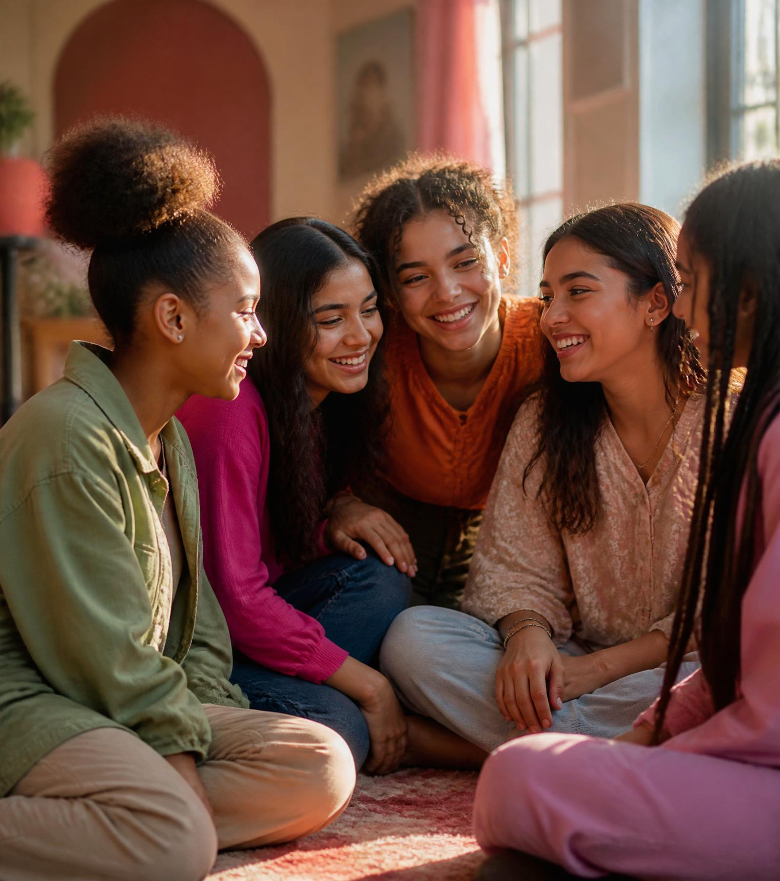 A circle of teenage girls laughing together in a warm sunlit room